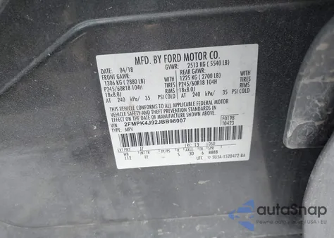 2018 Ford Edge Sel z USA, uszkodzony, nr VIN 2FMPK4J92JBB98007